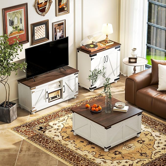 HOMCOM Modern Sideboard, Buffet Cabinet with Barn Door and Adjustable Shelf, Kitchen Pantry Cabinet, Distressed White and Brown
