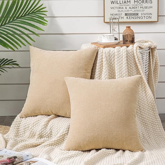 GAWAMAY Decorative Throw Pillow Covers 16x16 Inch Set of 2, Super Soft Chenille Square Pillows Farmhouse Fall Pillowcase for Living Room Bedroom Sofa Couch Cushion Cover Beige 40x40cm (No Insert)