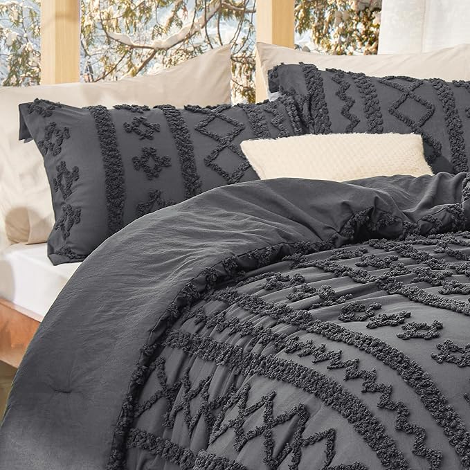 Bedsure Tufted Boho Comforter Set Twin Size - Dark Grey Boho Bed Set, GentleSoft™ 2 Pieces Farmhouse Shabby Chic Embroidery Bedding, Gifts for Woman, Soft Jacquard Twin Comforter for All Seasons
