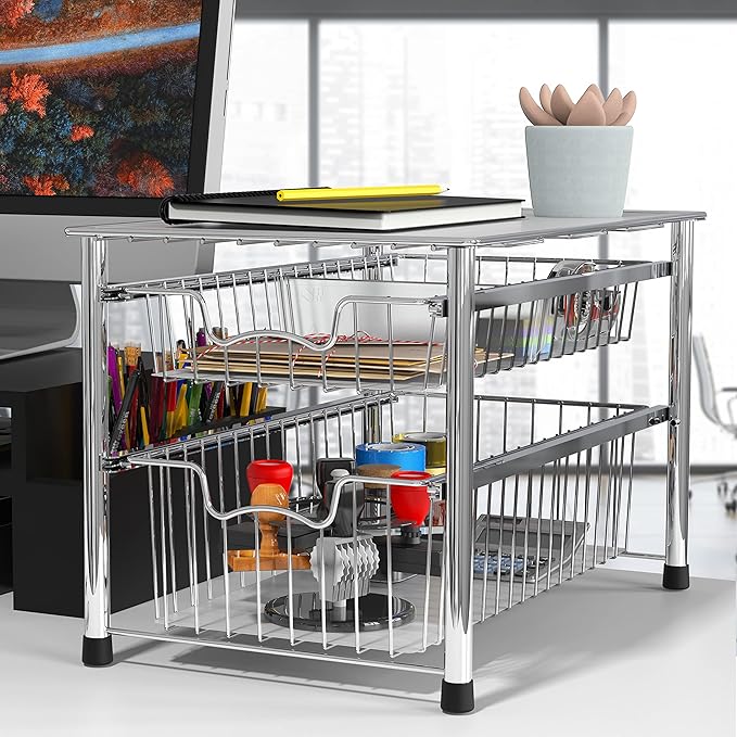Simple Houseware Stackable 2 Tier Sliding Basket Organizer Drawer, Chrome