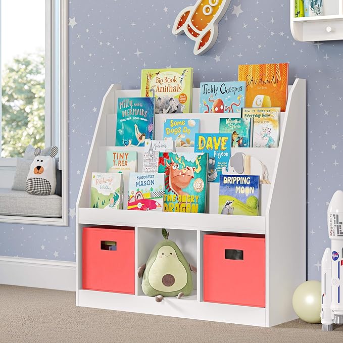RiverRidge Kids Bookrack with Three Cubbies and 2 Coral Bins