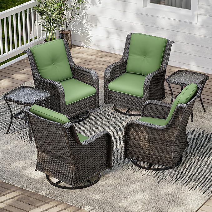 6 Pieces Outdoor Furniture Set - Patio Wicker Swivel Rocker Chair Set of 4 and 2 Side Table, Green, Mixed Brown Rattan, Suitable for Porch, Yard