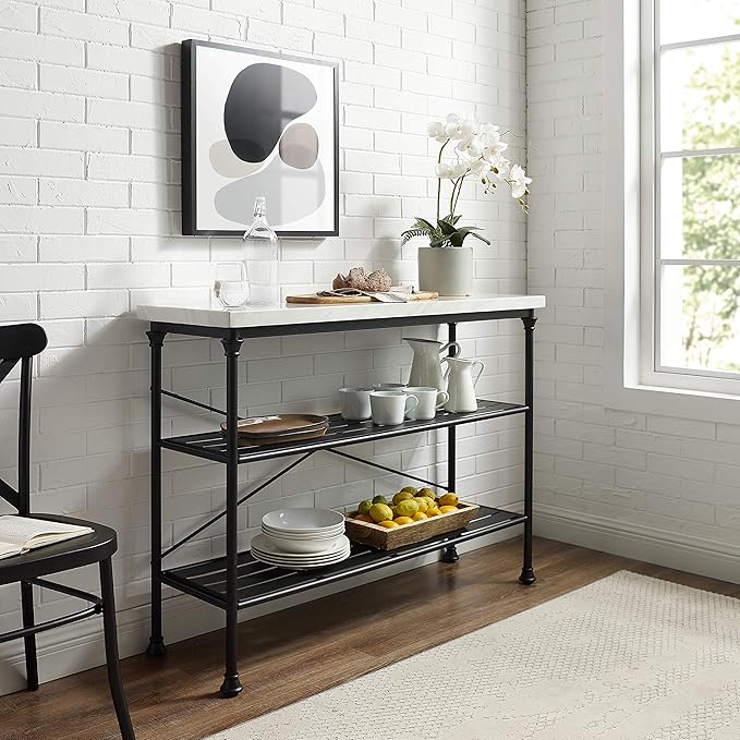 Crosley Furniture Madeleine Sofa Console Table with Storage Shelves for Hall, Entryway, or Living Room, Steel with Faux Marble Top