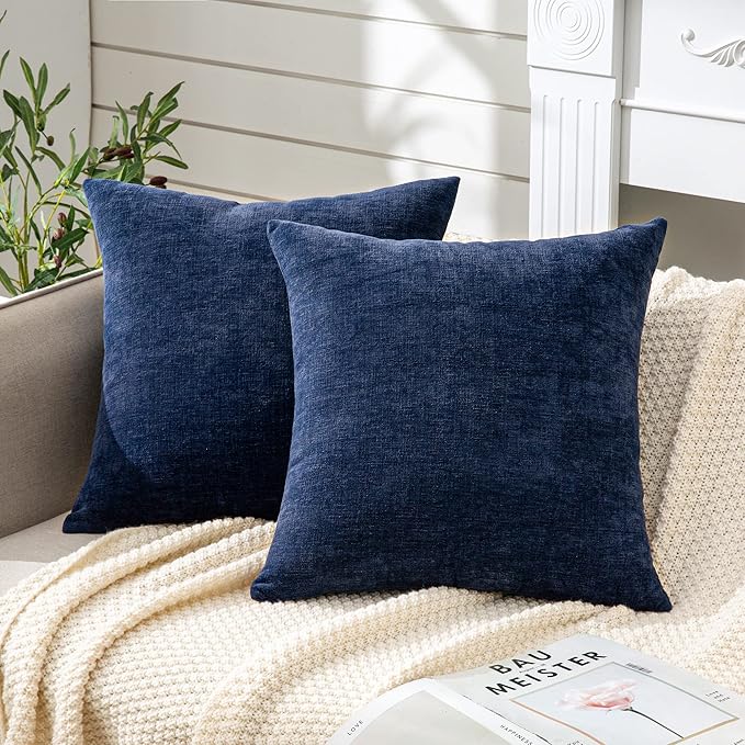 GAWAMAY Decorative Chenille Throw Pillow Covers 26x26 Inch Pack of 2, Soft Square Couch Pillow Cover for Sofa Cushion Living Room Bedroom Solid Oversized Pillowcases Navy Blue 66x66cm (ONLY Covers)