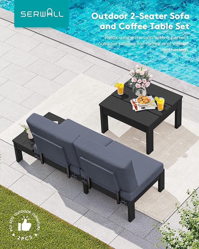 SERWALL HDPE Outdoor Furniture Set, Loveseat and Coffee Table, All Weather Patio Sofas, Seats 2, Outdoor Sectional Sofa for Backyard, Balcony, Black Frame with Grey Cushion