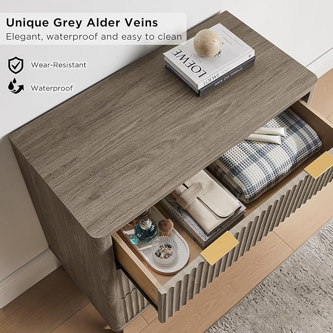 T4TREAM Fluted 3 Drawer Dresser, 32" Tall Modern Chest of Drawers, Curved Profile Design, Wood Drawer Organizer for Bedroom, Living Room, Hallway, Entryway, Grey Alder