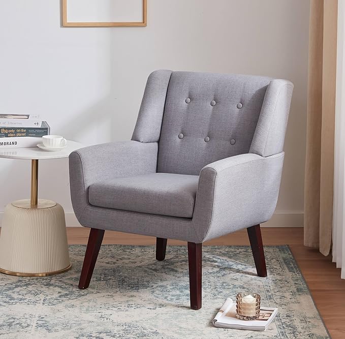 HUIMO Accent Chair Living Room Chair, Upholstered Button Tufted Armchair, Linen Fabric Sofa Chairs for Bedroom, Living Room, Mid Century Modern Comfy Reading Chair (Light Grey)