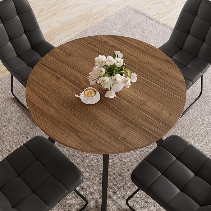 34.6'' Dining Table and Chairs for 2, Mid Century Modern Round Table Set, Space Saving for Apartment Kitchen Dining Room (Walnut Table+2 U-Shaped Black Chairs)