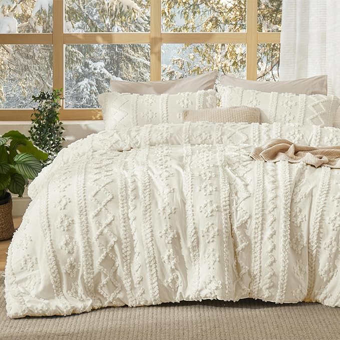 Bedsure Tufted Boho Comforter Set King Size - Ivory Boho Bed Set, GentleSoft™ 3 Pieces Farmhouse Shabby Chic Embroidery Bedding, Gifts for Woman, Soft Jacquard King Comforter for All Seasons