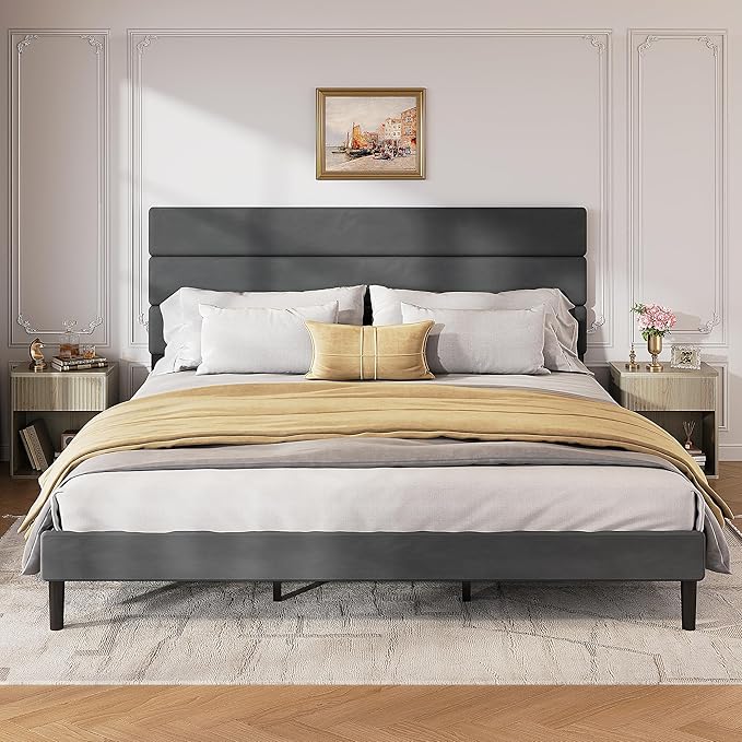 WLIVE King Size Upholstered Bed Frame, Velvet Square Tufted Headboard, Sturdy Metal & Wooden Slats Support, No Box Spring Needed, Light Grey