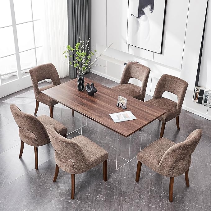 VKNOW Wooden Dining Chairs Set of 6, Modern Fabric Upholstered Dining Room Chair Kitchen Chairs, Farmhouse Dinner Chair for Kitchen Dining Room, Brown