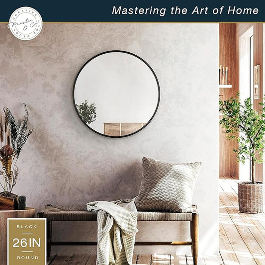 MCS Master & Co. 26in Round Metal Black Mirror, Modern Wall Hanging Large Mirror for Bathroom, Bedroom & Livingroom
