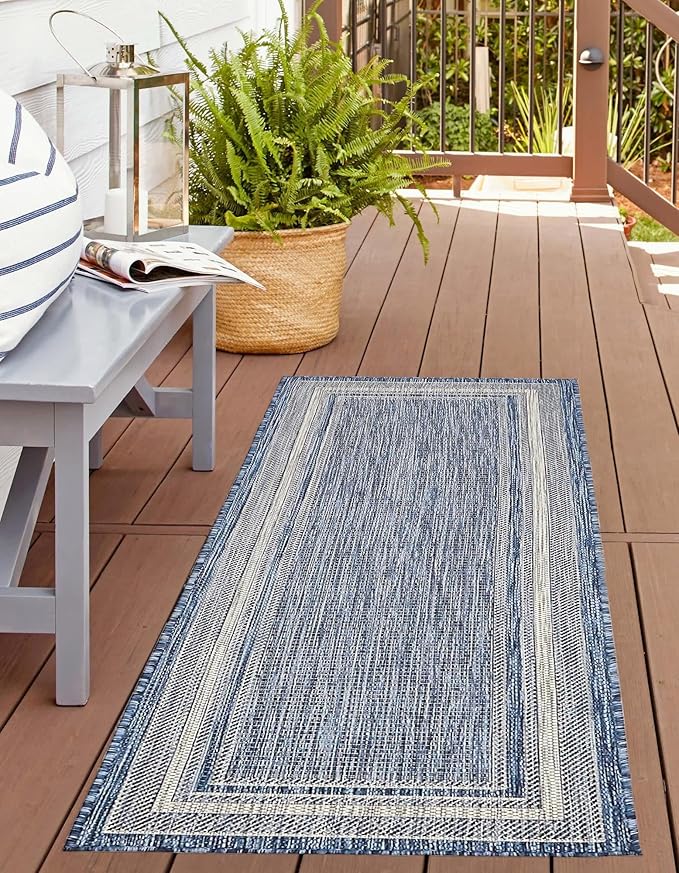 Unique Loom Outdoor Border Collection Area Rug - Soft Border (2' x 6' 1" Runner, Blue/ Ivory)