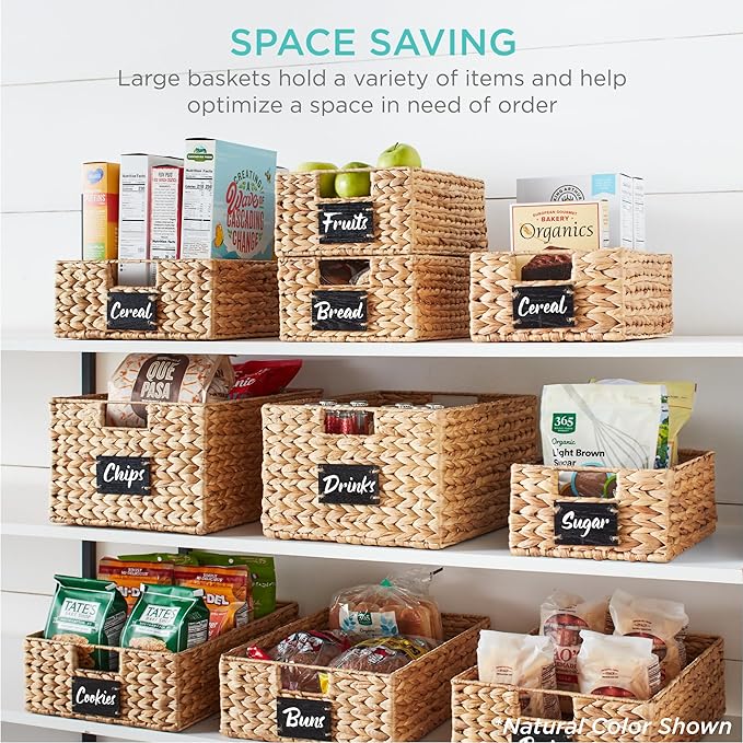 Best Choice Products Set of 4 9x12in Water Hyacinth Pantry Baskets, Woven Organizers w/Chalkboard Label, Chalk Marker - Gray