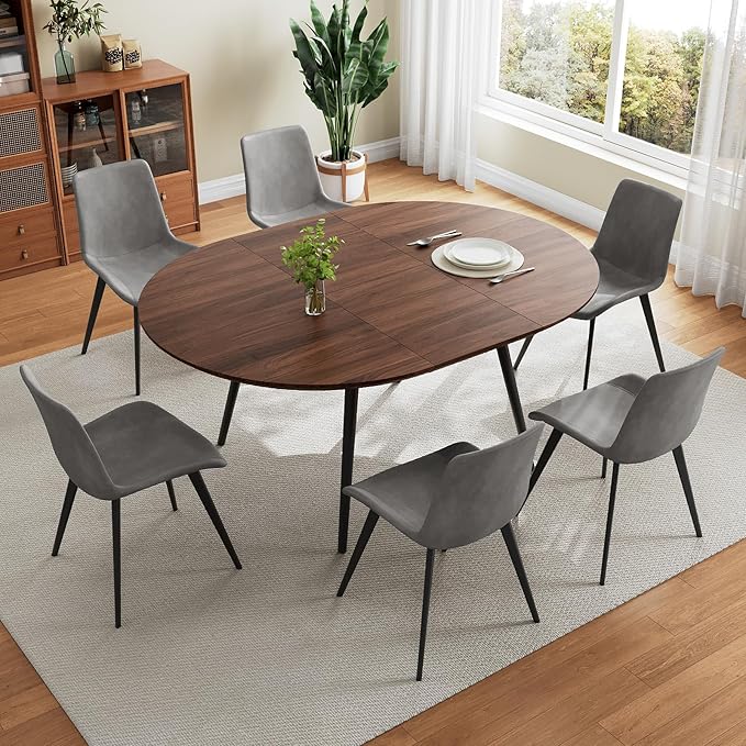 43.3"-59.1" Extendable Round Dining Table Set of 6, Mid Century Wooden Round Kitchen Table, Coffee Table for 4-6 Person,6 Gray PU Leather Chair