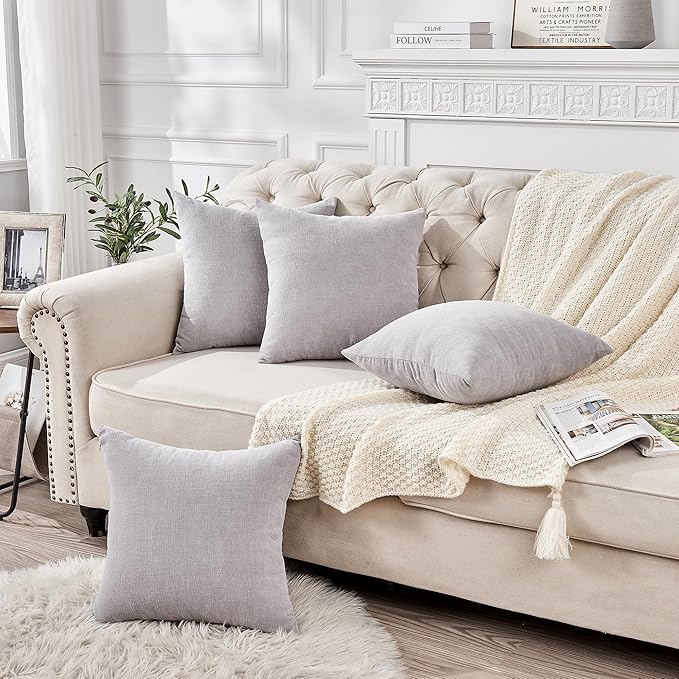 GAWAMAY Decorative Square Throw Pillow Covers 18"x18" Inch Set of 4, Super Soft Chenille Pillows Farmhouse Fall Pillowcase for Living Room Bedroom Sofa Couch Cushion Cover Light Grey 45x45cm