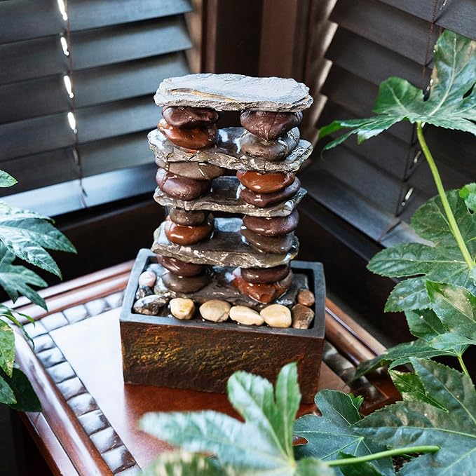 Alpine Corporation TT8002 Indoor/Outdoor Tabletop Stacked Rocks Eternity Fountain, Modern Rocks Tabletop Fountain 12", Brown