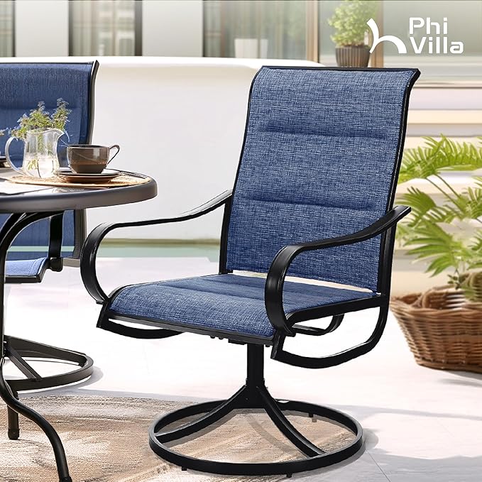 PHI VILLA Patio Swivel Dining Chairs Set of 2, All Weather Outdoor Chair with Padded Textilene & Black Metal Frame for Outdoor Lawn Garden Pooside (Blue)