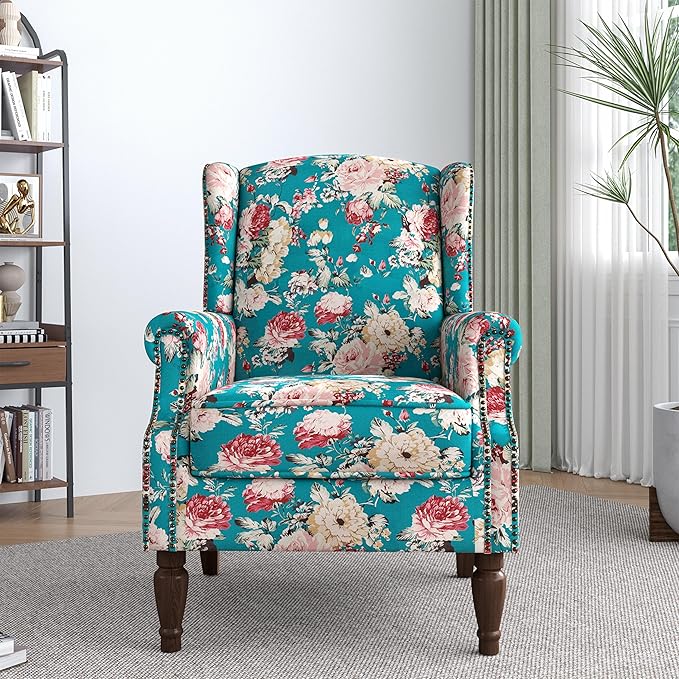 Lumibee Wingback Accent Chair,High Back Floral Armchairs in Fabric,Comfy Upholstered Reading Single Sofa Chair with Solid Wood Legs for Living Room,Bedroom,Office-Peacock Blue
