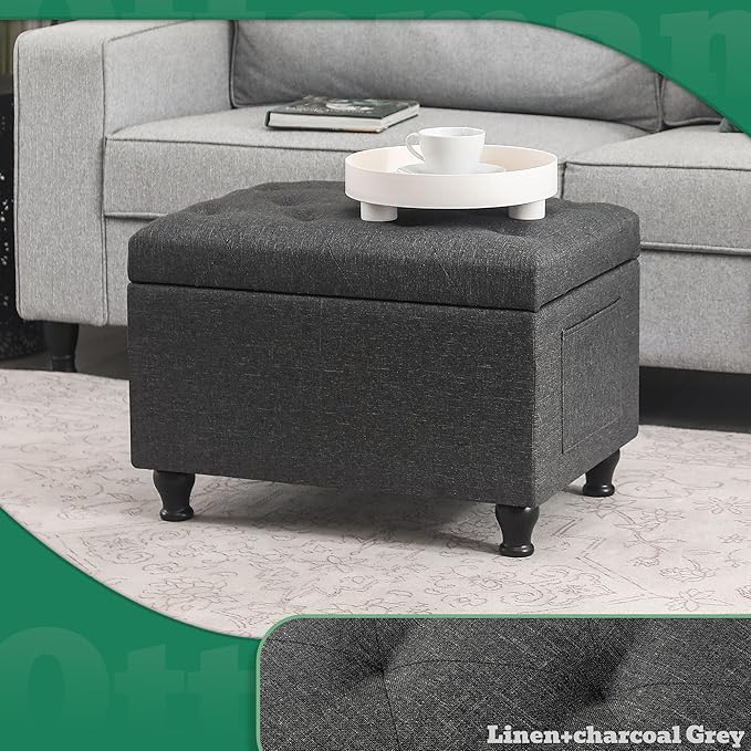 Ottoman with Storage 24'' Storage Ottomans Linen Fabric Ottoman Footstools Small Upholstered Foot Rest Stool for Couch, Living Room, Bedroom, Entrance Shoe Bench Dark Grey