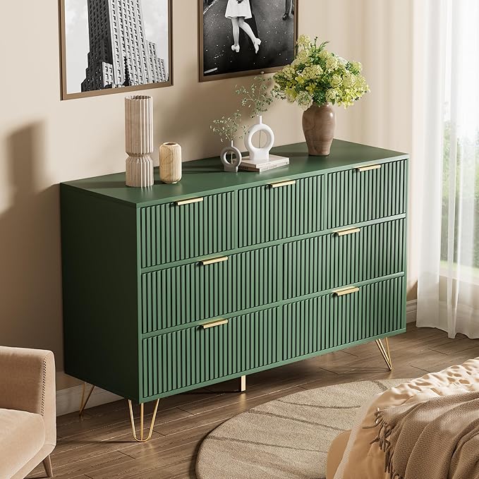 Dresser for Bedroom, Fluted Modern Dresser with Gold Pulls and 7 Drawers, 15.7" D x 47.2" W x 31.4" H, Green