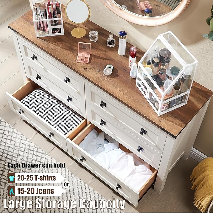 T4TREAM Farmhouse 6 Drawers Dresser for Bedroom, Wood Rustic Wide Chest of Drawers, Storage Dressers Organizer for Bedroom, Living Room, Hallway, Antique White