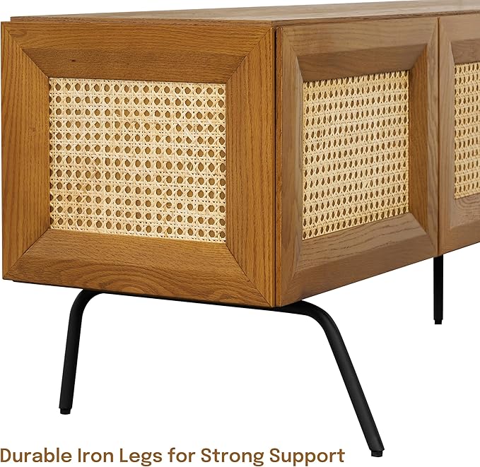 NTC Mossic TV Media Cabinet with 4 Doors for TVs, Entertainment Center with Natural Rattan, Metal Legs, Modern Storage Console for Living Room and Bedroom, Effortless Assembly, Rustic Oak