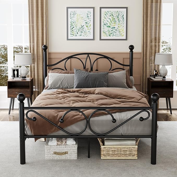 Metal Full Single Bed Frame with Storage Space, 74.8" in Steel Bed Frame with Protective Foot Pads, Strong Bearing Capacity Full Size Bed, Easy Assembly, Underbed Storage Space(40.1 inch)