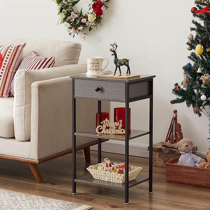 VECELO Tall End Side Table,Nightstand with Adjustable Shelf and Bin Drawer for Living Room/Bedroom/Entryway Small Spaces
