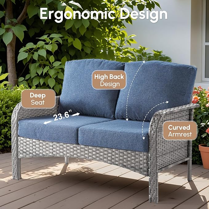 5 PCS Patio Outdoor Furniture Set with Swivel Rocking Chairs,All Weather Wicker Rattan Patio Seating Sofa and Chairs Set,Outdoor Conversaiton Sets for Deck Yard Prrch Garden Poolside,Blue