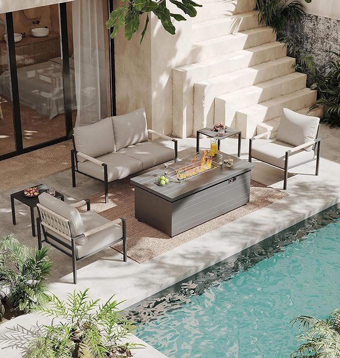 Metal Patio Furniture Set with 51inch Grey Fire Pit Table, 6-Piece Modern Outdoor Conversation Set with 6-Inch Thick Cushions, Outdoor Furniture Set for Garden, Backyard, Balcony, Poolside (Warm Grey)