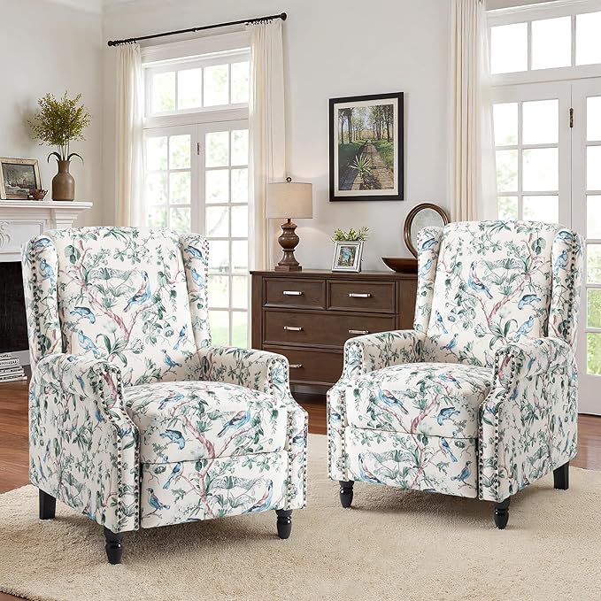 Recliner Chair, Upholstered Wingback Floral Pushback Armchair with Adjustable Backrest & Footrest, Comfy Accent Chair Reading Single Sofa for Small Spaces, Living Room, Bedroom