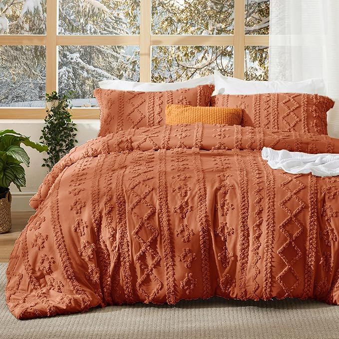 Bedsure Tufted Boho Comforter Set Queen Size - Terracotta Boho Bed Set, GentleSoft™ 3 Pieces Farmhouse Shabby Chic Embroidery Bedding, Gifts for Woman, Soft Jacquard Queen Comforter for All Seasons