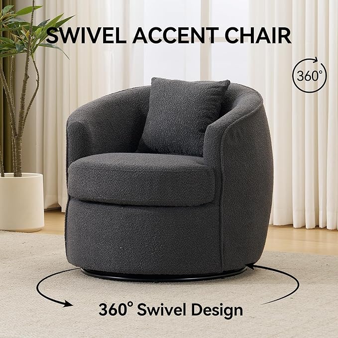 Swivel Accent Chair Set, Modern Upholstered Boucle Barrel Arm Chairs with Pillow for Living Room, 360 Degree Round Swivel Sherpa Armchair with Round Base for Bedroom Club (2, Dark Grey)