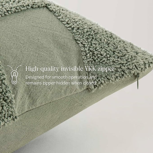 Double Stitch 100% Cotton Throw Pillow Covers - Checkered Tufted Boho Decorative Pillow Covers 20x20, Made in India, Square Cushion Case, Modern Home Decor for Couch, Sofa, Living Room, Sage Green
