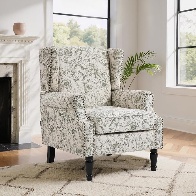 Lumibee High Back Accent Chair, Armchair in Fabric, Comfy Upholstered Wingback Single Sofa Reading Chair with Solid Wood Legs for Living Room,Bedroom,Office-Rococo Green