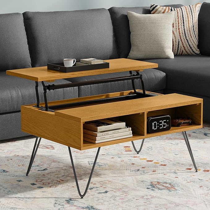 SIMPLIHOME Hunter Small Lift Top Coffee Table - 36 inch Wide Solid Oak Veneer and Metal Industrial Cocktail Table in Oak, Living Room Table with Hidden Storage, 2 Cubbies, and Hairpin Legs