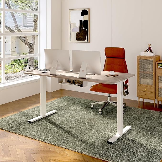 FLEXISPOT EN2 Whole-Piece Standing Desk with Clamp Power Strip, 55 x 28 Electric Stand Up Height Adjustable Desk with Cable Management (White Frame + 55" Gray Wood Grain Top,2 Packages)
