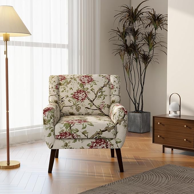 Accent Chair, Modern Linen Blend Arm Chair for Living Room, Bedroom, Comfy High-Resilient Sponge Reading Chair for Small Spaces (Pattern Red Floral, Set of 1)