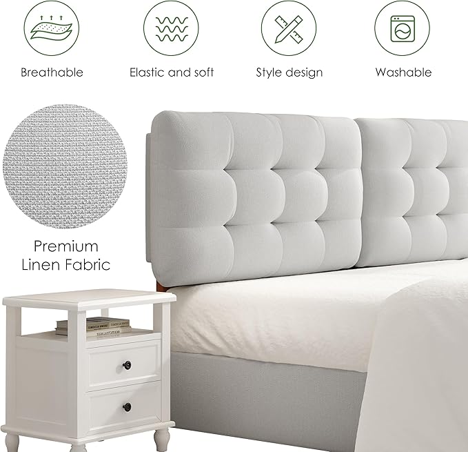 Tufted Upholstered King Headboard, Adjustable Height King Size Headboard Only from 39”to 44” with Durable Solid Wood Legs, Modern Button Diamond Fabric Head Board with Width Adapters, Beige