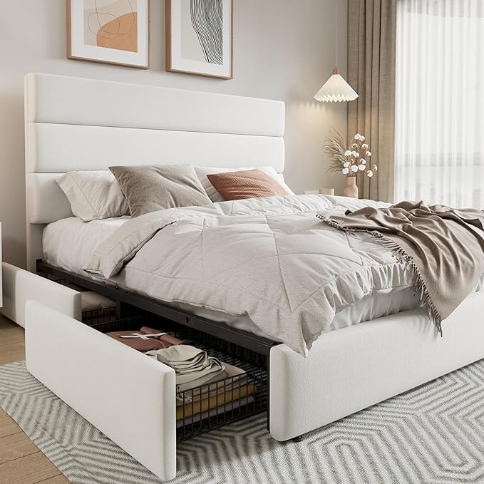 Allewie Modern Full Size Platform Bed Frame with 4 Storage Drawers and Velvet Upholstered Headboard, Wooden Slats Support, Upholstered Mattress Foundation/No Box Spring Needed/Easy Assembly, White