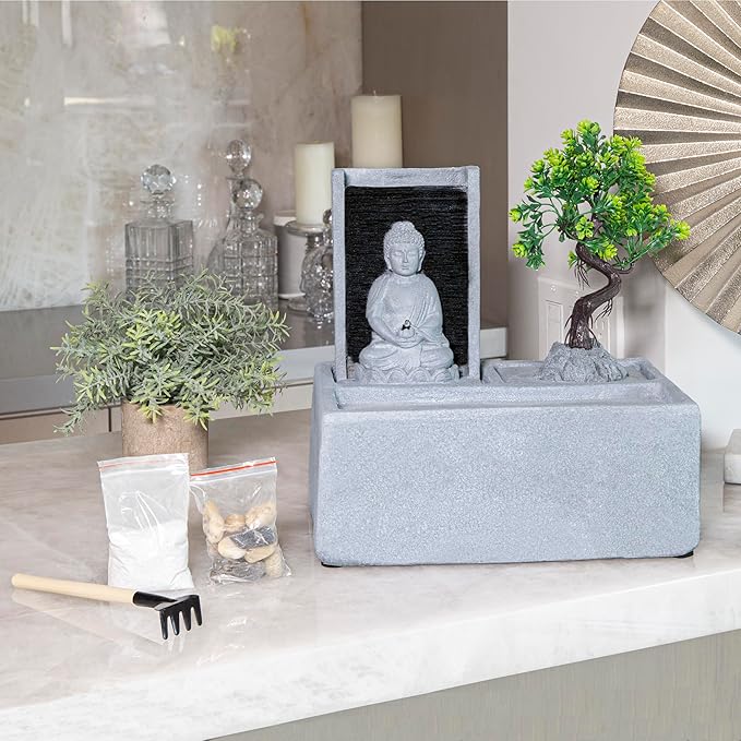 Alpine Corporation DIG278 13" Indoor/Outdoor Tabletop Fountain with LED Lights, Buddha Bonsai Garden Water Feature for Home, Patio & Desk Décor, Gray