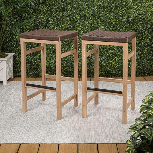 JONATHAN Y BSL1201C-SET2 Armand 30" Modern Coastal Backless Acacia Wood Outdoor Bar Stool with Woven Rope Seat, for Pool, Deck, Poolside, Light Teak/Brown (Set of 2)