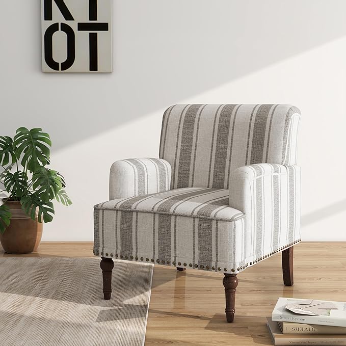 Accent Chair, Mid Century Modern Comfy Armchair for Living Room, Linen Fabric Single Sofa Lounge for Reading Bedroom Apartment Waiting Room with Wood Legs (Grey Stripe, Set of 1)
