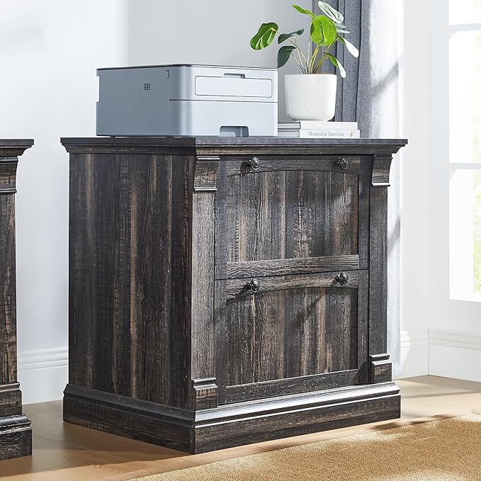OKD Farmhouse File Cabinet with 2 Drawers, 30" Lateral Filing Cabinet, Hanging File Folders, Interlocking Drawers, Rustic Oak Wood, Brown, Home Office, Living Room, 30" x 22" x 10.2"