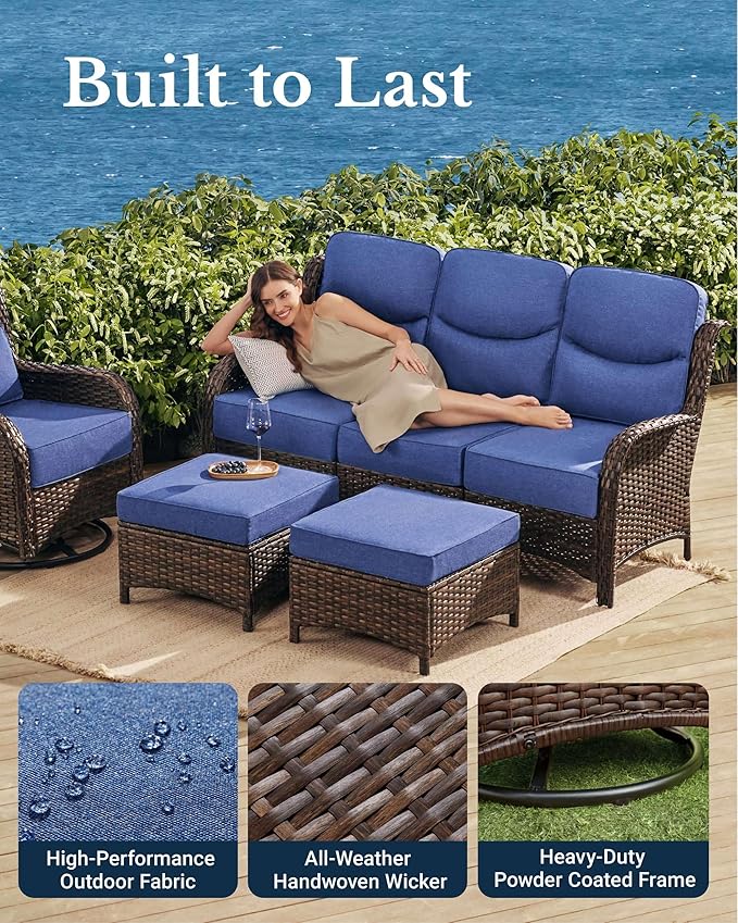 HILLGA Luxury Patio Furniture Set with 6-Inch Thick Cushions, High Back Outdoor Swivel Rocker Chairs and Patio Couch, 11-Piece All Weather Conversation Set for Porch Deck Pool Yard, Blue (V3)