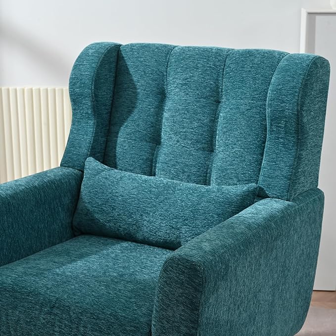 Accent Chair, Comfy Upholstered Living Room Chairs with High Tufted Backrest and Pillow, Wingback Reading Chair with Solid Wood Legs for Bedroom/Office, Chenille Fabric, Teal