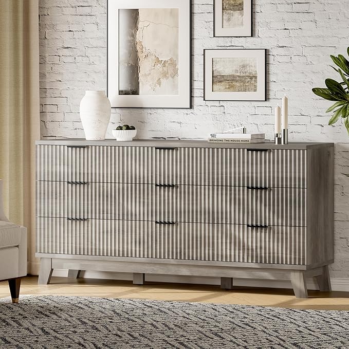 Fluted Dresser with 9 Drawers, 63" Wide Wood Chest of Drawers with Metal Handle, Wooden Dresser TV Stand, Modern Closet Clothes Storage Organizer for Bedroom, Living Room, Hallway, Light Grey
