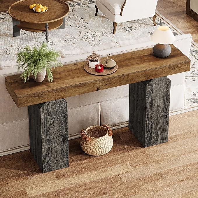 Tribesigns 63" Long Entryway Table, Farmhouse Console Table with 2 Arched Pedestal Legs, Wooden Sofa Console Behind The Couch for Entrance, Hallway, Living Room (Vintage Brown & Grey)