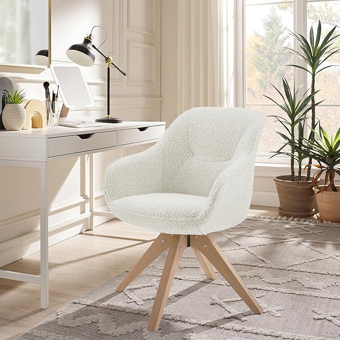 Zouron Desk Chair with Wooden Legs, Swivel Accent Chairs No Wheels, Modern Vanity Arm Chair for Small Space Home Office Living Room Bedroom, Ivory and Natural Wood